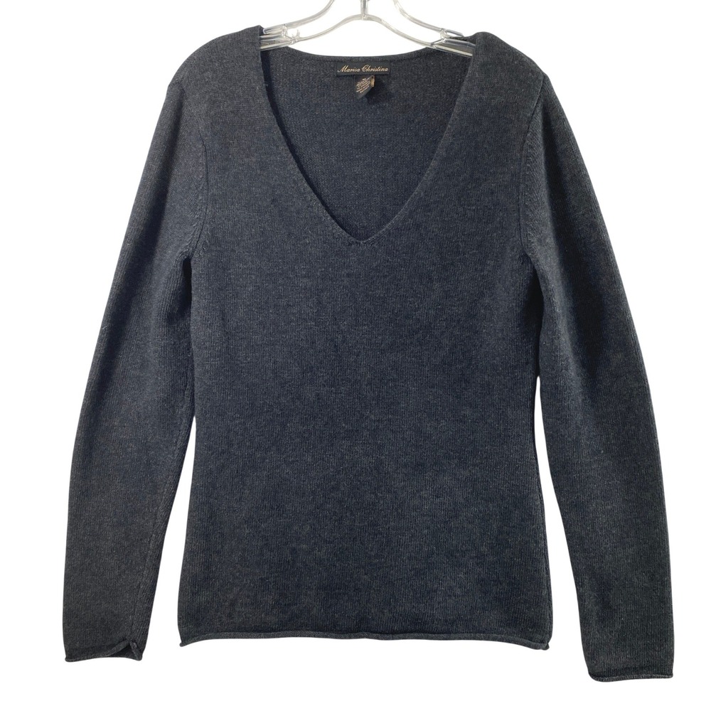 Marisa Christina Sweater Women M Gray V-Neck Angora Wool Blend Roll Edge Knit